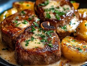 Garlic Butter Beef Chops With Cheesy Potato Bake Recipe