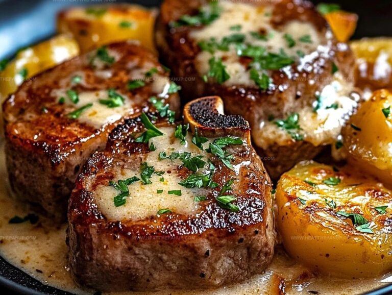 Garlic Butter Beef Chops With Cheesy Potato Bake Recipe