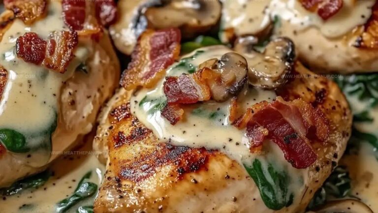 Smothered Chicken With Creamed Spinach Turkey Bacon And Mushrooms Recipe