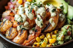 Yummy Grilled Shrimp Bowl With Avocado Corn Salsa And Creamy Sauce Recipe