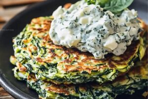 Zucchini, Feta, And Spinach Fritters With Garlic Tzatziki Recipe