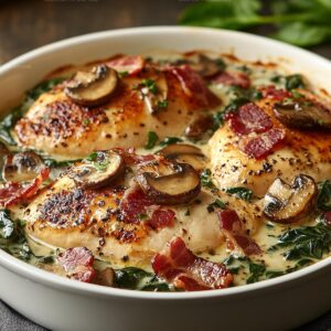 Smothered Chicken With Creamed Spinach, Bacon, And Mushrooms Recipe
